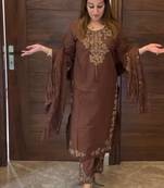 Chocolate Color Embroidery And Thread Work Silk Blend Salwar Suit 