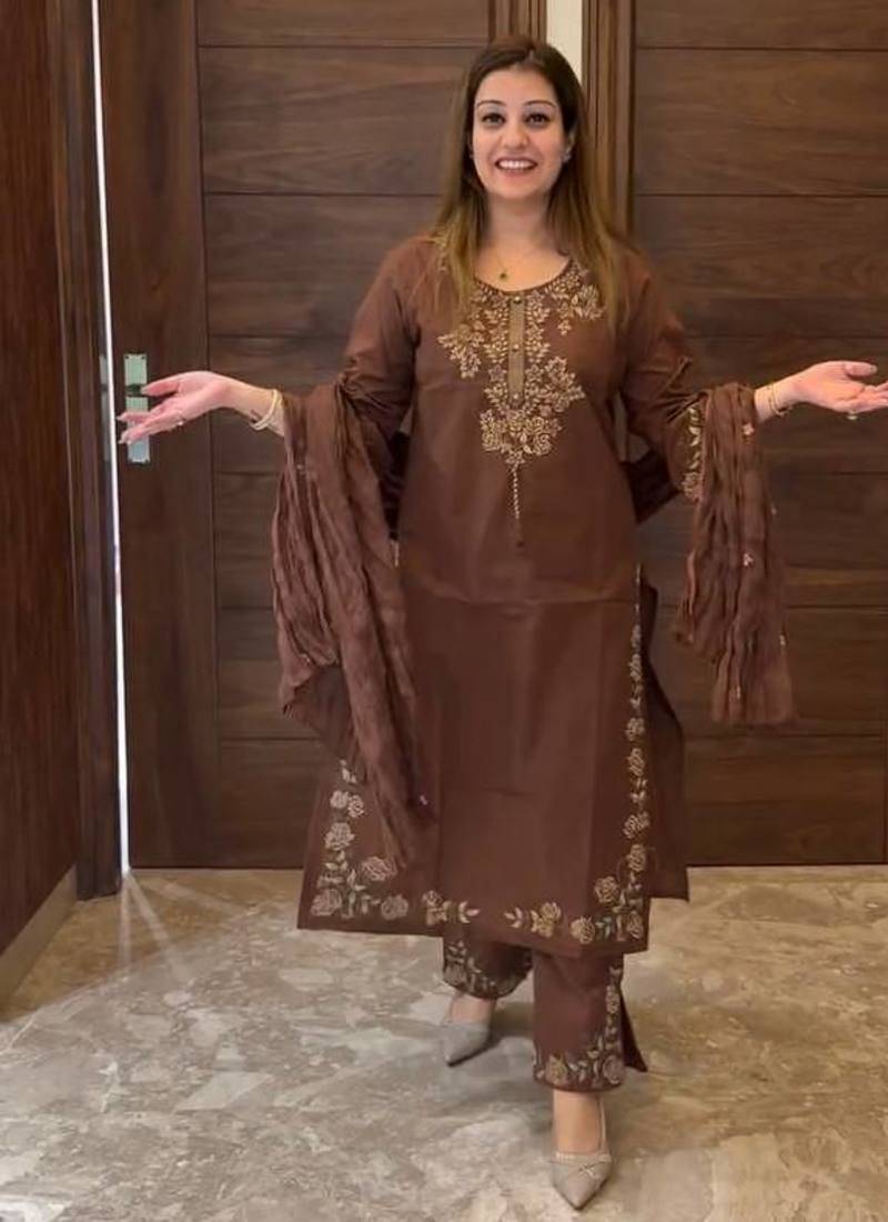 Chocolate Color Embroidery And Thread Work Silk Blend Salwar Suit 