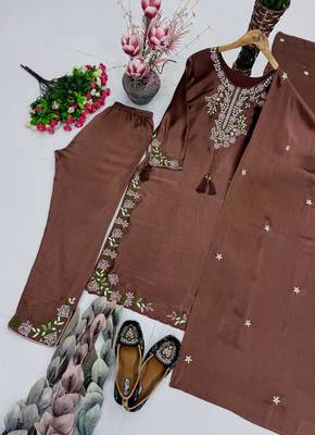 Chocolate Color Embroidery And Thread Work Silk Blend Salwar Suit  4