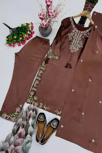Chocolate Color Embroidery And Thread Work Silk Blend Salwar Suit 