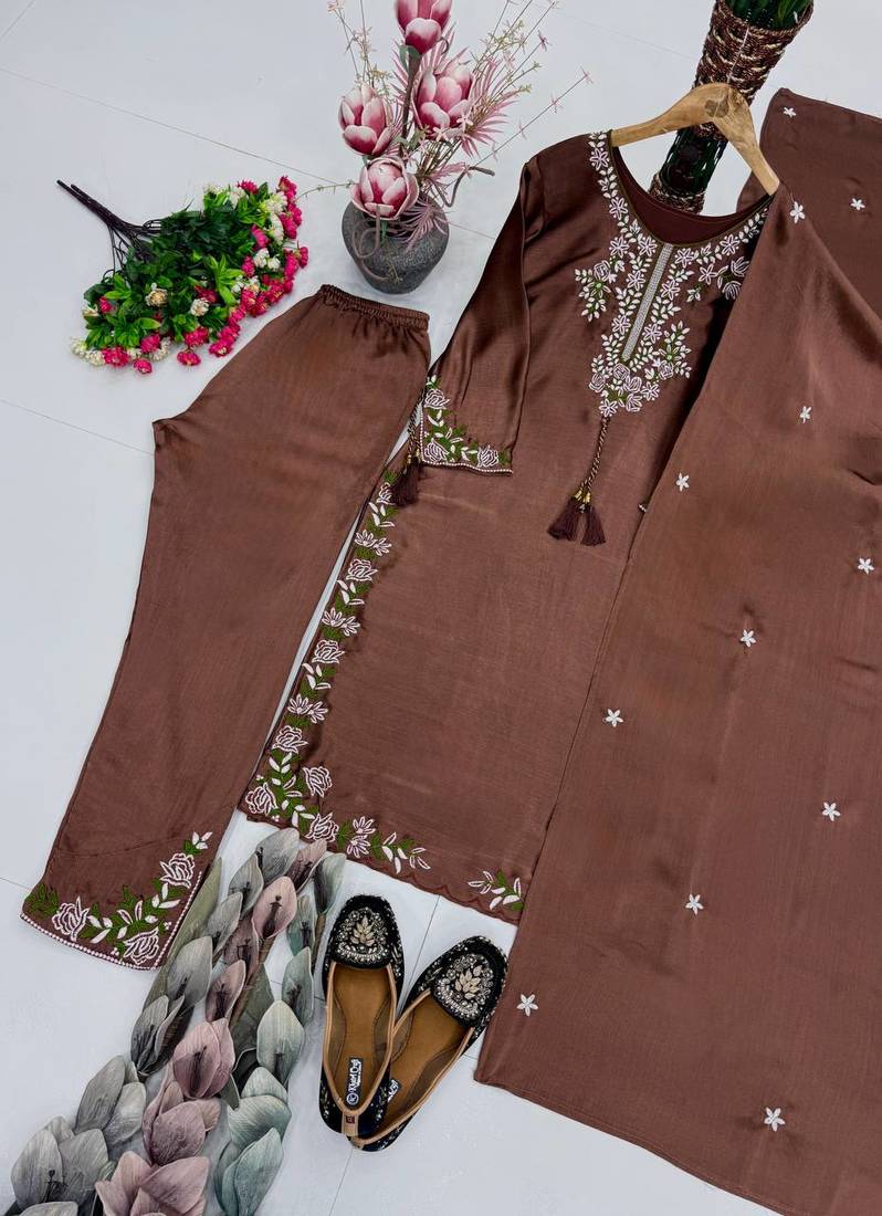 Chocolate Color Embroidery And Thread Work Silk Blend Salwar Suit 