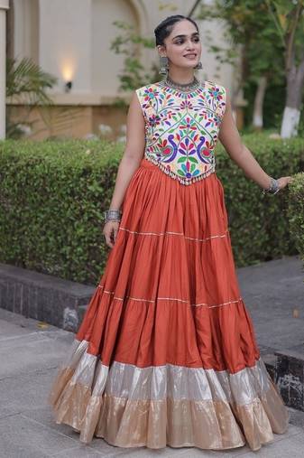 women navratri rayon lehenga choli  with lampi lace & kutchi work blouse-  full stitched free size