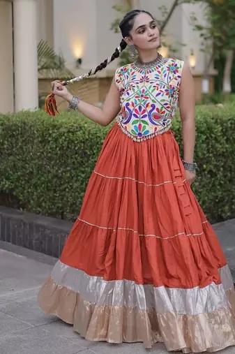 women navratri rayon lehenga choli  with lampi lace & kutchi work blouse-  full stitched free size