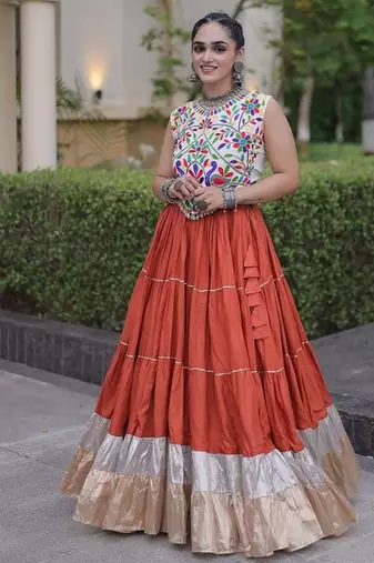 women navratri rayon lehenga choli  with lampi lace & kutchi work blouse-  full stitched free size