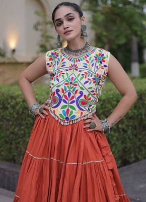 women navratri rayon lehenga choli  with lampi lace & kutchi work blouse-  full stitched free size 4