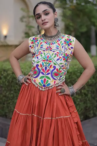 women navratri rayon lehenga choli  with lampi lace & kutchi work blouse-  full stitched free size