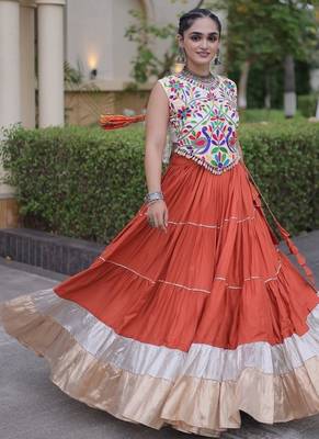 women navratri rayon lehenga choli  with lampi lace & kutchi work blouse-  full stitched free size 5