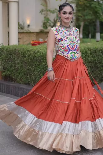 women navratri rayon lehenga choli  with lampi lace & kutchi work blouse-  full stitched free size