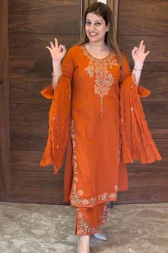 Orange Color Embroidery And Thread Work Silk Blend Salwar Suit 