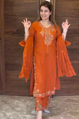 Orange Color Embroidery And Thread Work Silk Blend Salwar Suit 