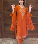 Orange Color Embroidery And Thread Work Silk Blend Salwar Suit 