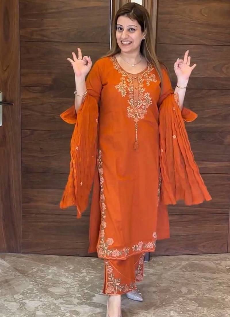 Orange Color Embroidery And Thread Work Silk Blend Salwar Suit 