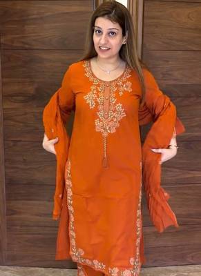 Orange Color Embroidery And Thread Work Silk Blend Salwar Suit  2