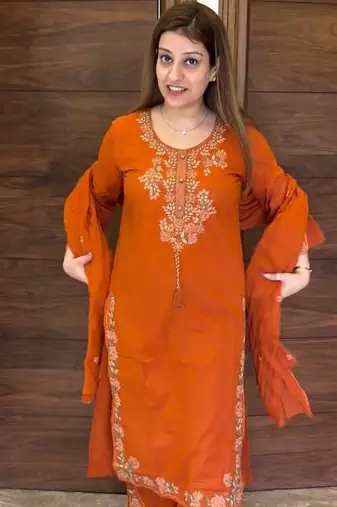 Orange Color Embroidery And Thread Work Silk Blend Salwar Suit 