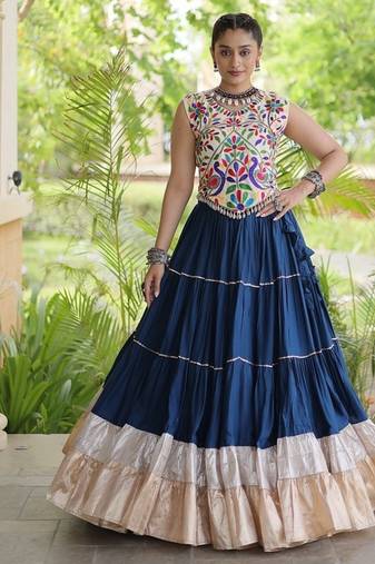 women navratri rayon lehenga choli  with lampi lace & kutchi work blouse-  full stitched free size
