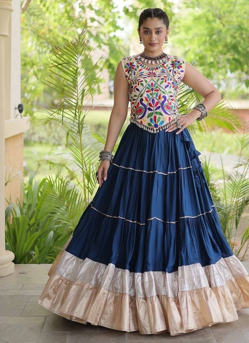 women navratri rayon lehenga choli  with lampi lace & kutchi work blouse-  full stitched free size