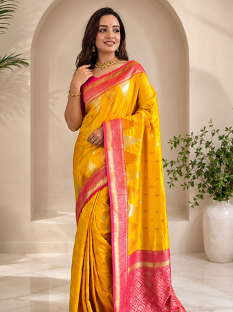 yellow color zari and weaving design all over with rich pallu kanchi silk blend saree