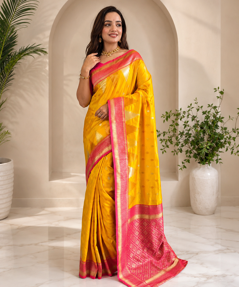 yellow color zari and weaving design all over with rich pallu kanchi silk blend saree