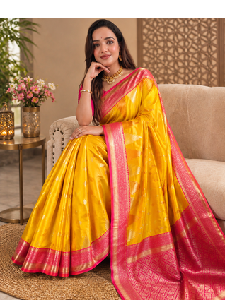 yellow color zari and weaving design all over with rich pallu kanchi silk blend saree 2