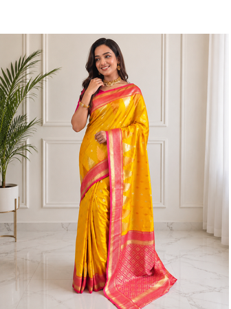 yellow color zari and weaving design all over with rich pallu kanchi silk blend saree 3