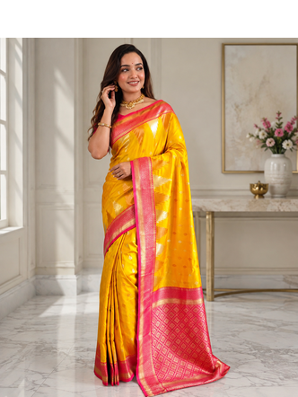 yellow color zari and weaving design all over with rich pallu kanchi silk blend saree 4