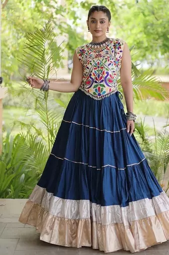 women navratri rayon lehenga choli  with lampi lace & kutchi work blouse-  full stitched free size