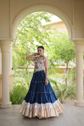 women navratri rayon lehenga choli  with lampi lace & kutchi work blouse-  full stitched free size