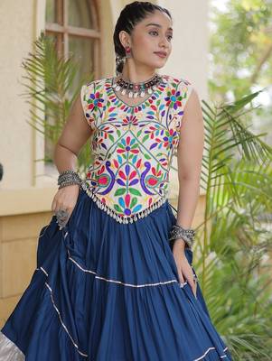 women navratri rayon lehenga choli  with lampi lace & kutchi work blouse-  full stitched free size 4