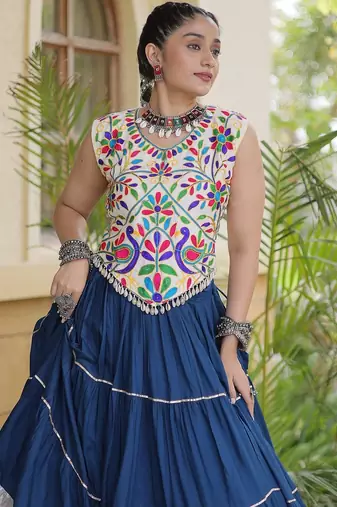 women navratri rayon lehenga choli  with lampi lace & kutchi work blouse-  full stitched free size