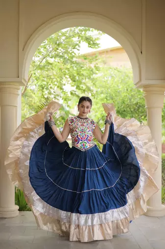women navratri rayon lehenga choli  with lampi lace & kutchi work blouse-  full stitched free size