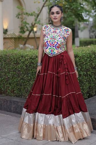 women navratri rayon lehenga choli  with lampi lace & kutchi work blouse-  full stitched free size