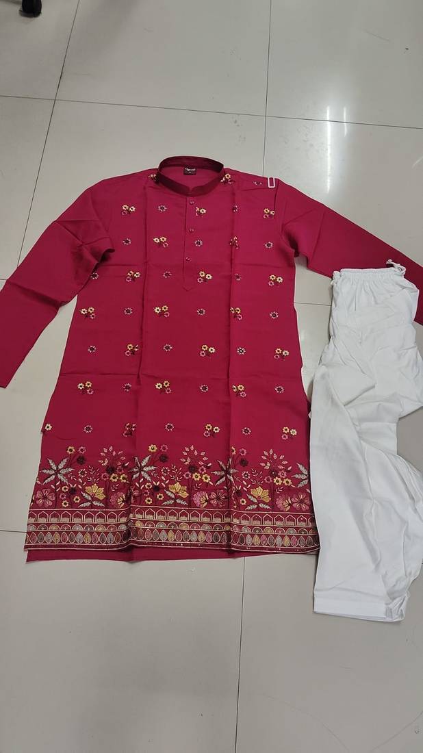 cherry red silk kurta pajama with embroidery