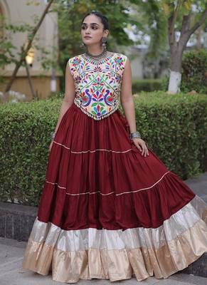 women navratri rayon lehenga choli  with lampi lace & kutchi work blouse-  full stitched free size 2