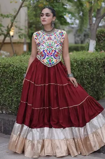 women navratri rayon lehenga choli  with lampi lace & kutchi work blouse-  full stitched free size