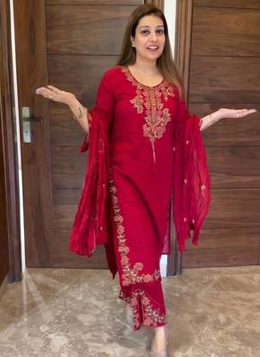 Rani Pink Color Embroidery And Thread Work Silk Blend Salwar Suit  1