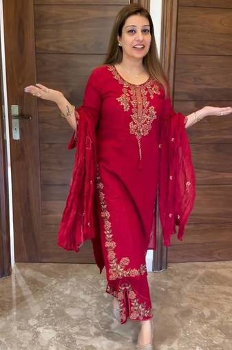 Rani Pink Color Embroidery And Thread Work Silk Blend Salwar Suit 