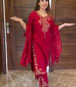 Rani Pink Color Embroidery And Thread Work Silk Blend Salwar Suit 