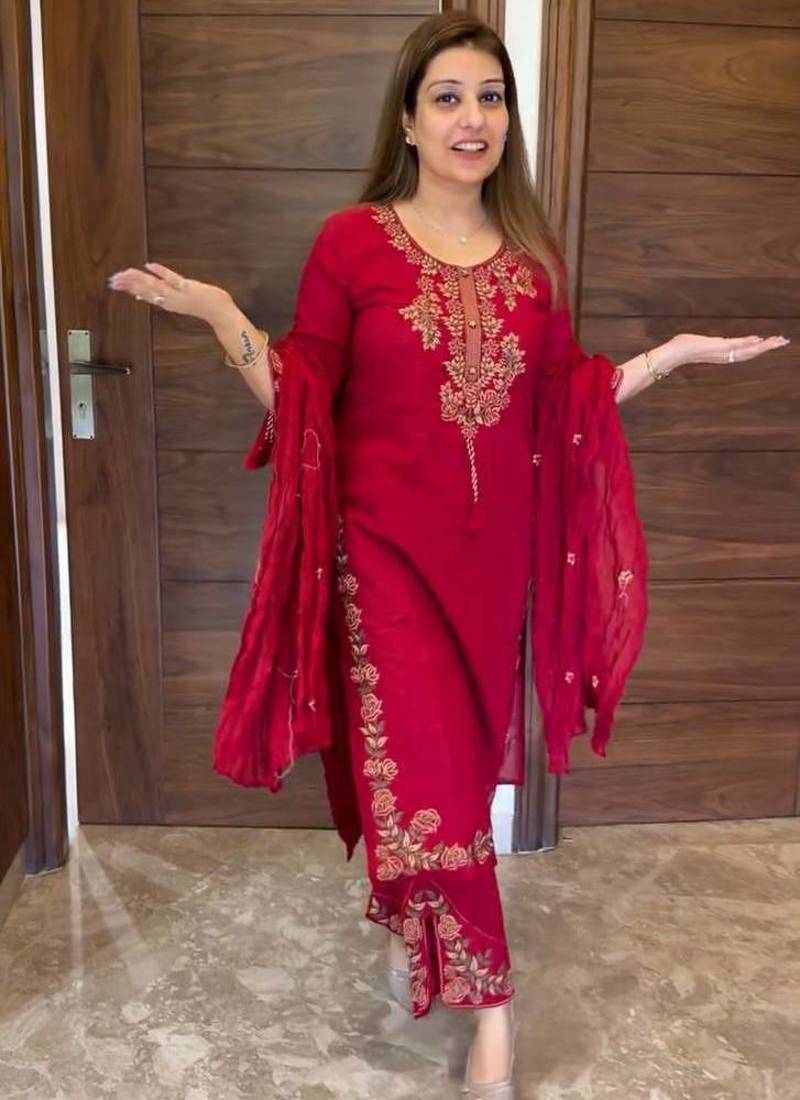 Rani Pink Color Embroidery And Thread Work Silk Blend Salwar Suit 