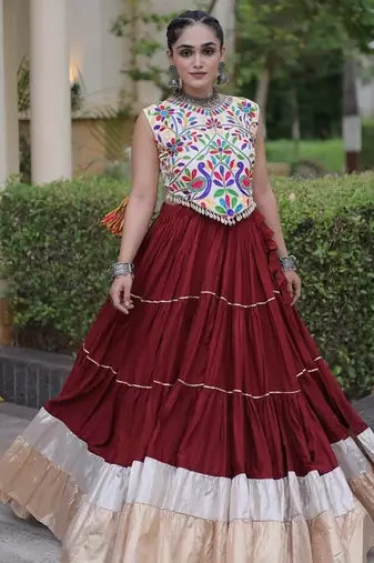 women navratri rayon lehenga choli  with lampi lace & kutchi work blouse-  full stitched free size