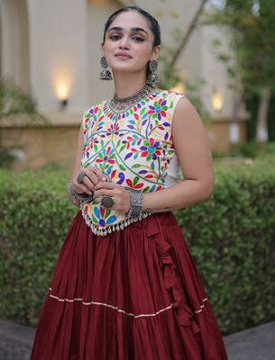 women navratri rayon lehenga choli  with lampi lace & kutchi work blouse-  full stitched free size 4