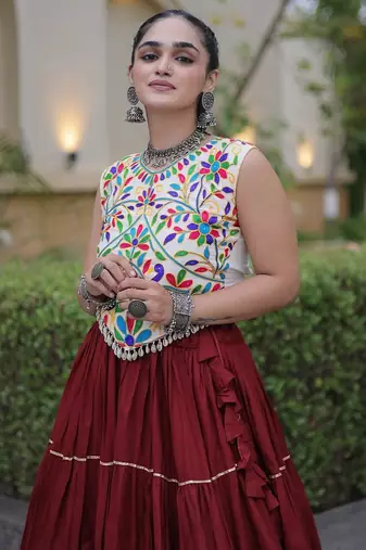 women navratri rayon lehenga choli  with lampi lace & kutchi work blouse-  full stitched free size