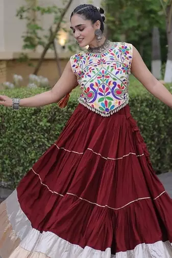 women navratri rayon lehenga choli  with lampi lace & kutchi work blouse-  full stitched free size