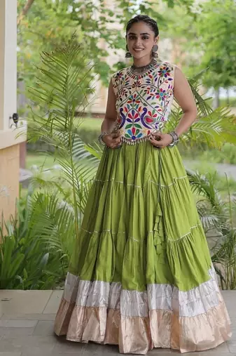 women navratri rayon lehenga choli  with lampi lace & kutchi work blouse-  full stitched free size