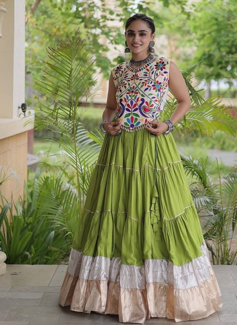 women navratri rayon lehenga choli  with lampi lace & kutchi work blouse-  full stitched free size