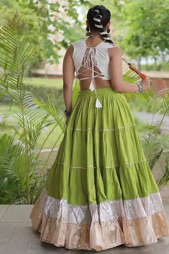 women navratri rayon lehenga choli  with lampi lace & kutchi work blouse-  full stitched free size