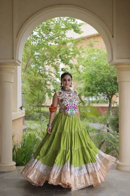 women navratri rayon lehenga choli  with lampi lace & kutchi work blouse-  full stitched free size 3