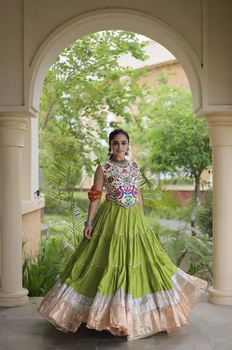 women navratri rayon lehenga choli  with lampi lace & kutchi work blouse-  full stitched free size
