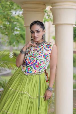 women navratri rayon lehenga choli  with lampi lace & kutchi work blouse-  full stitched free size 4