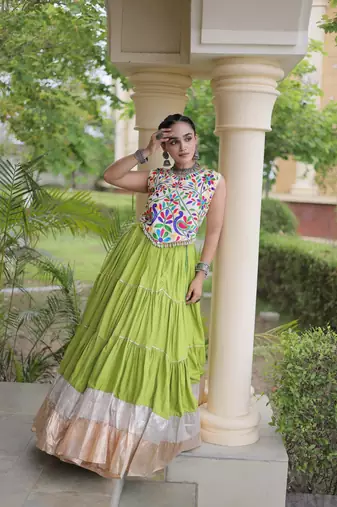 women navratri rayon lehenga choli  with lampi lace & kutchi work blouse-  full stitched free size
