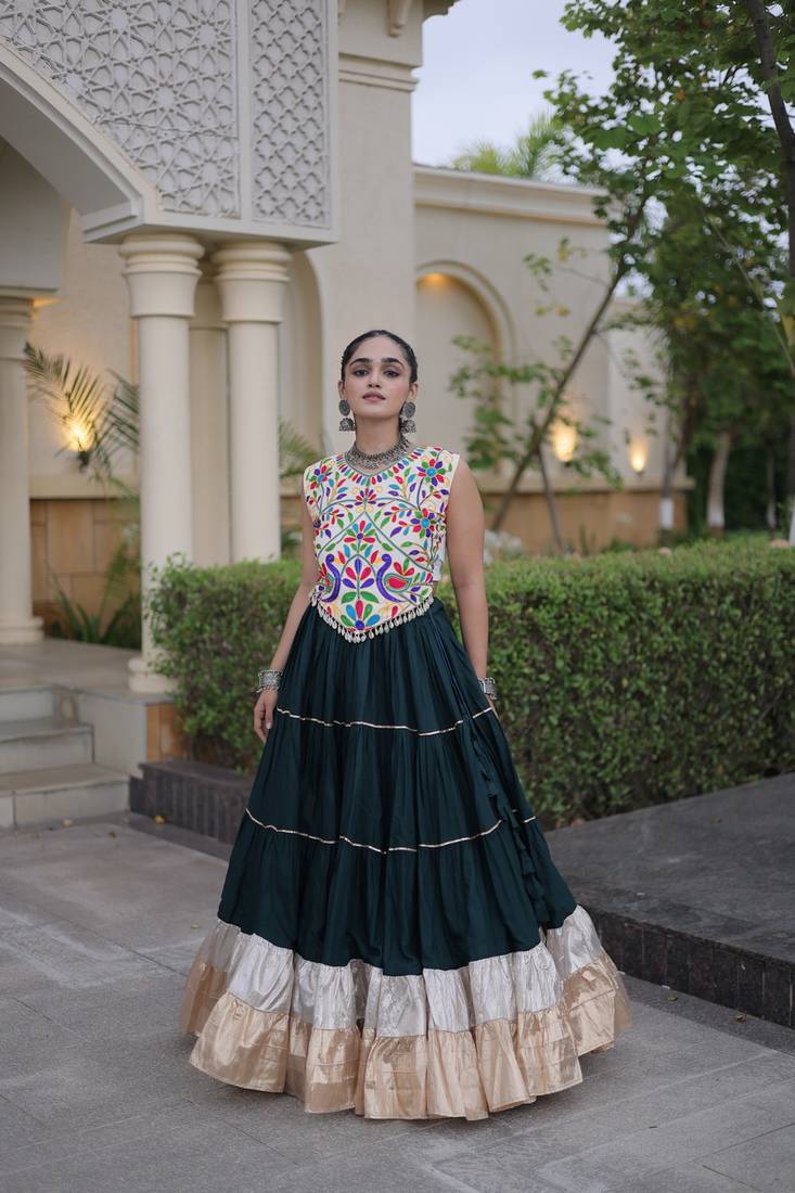 women navratri rayon lehenga choli  with lampi lace & kutchi work blouse-  full stitched free size